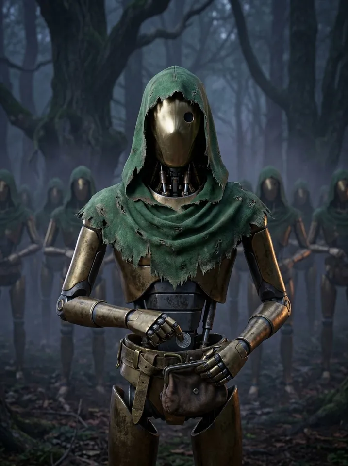 The Bot: a faceless brass automaton in a green outlaw hood