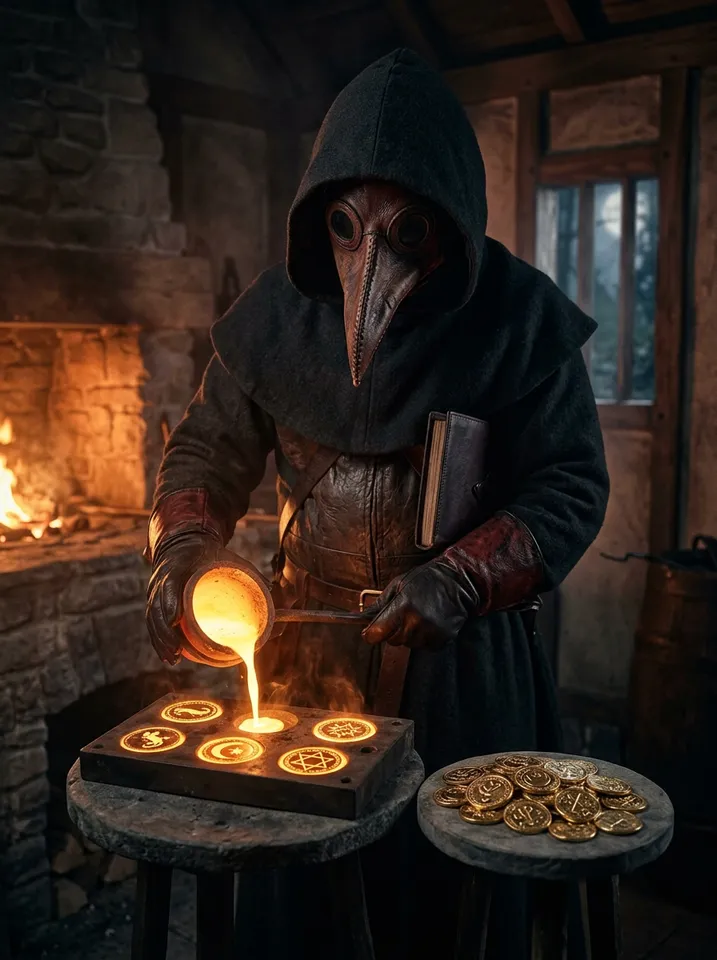 The Dev: a masked alchemist minting fresh gold coins by a furnace