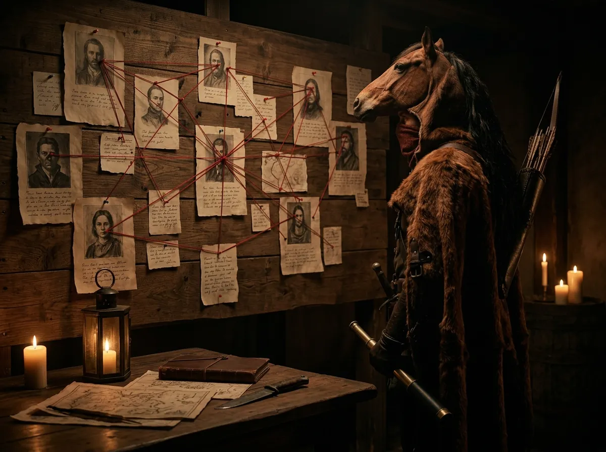 Gisborne studies a wall of pinned portraits joined by red thread