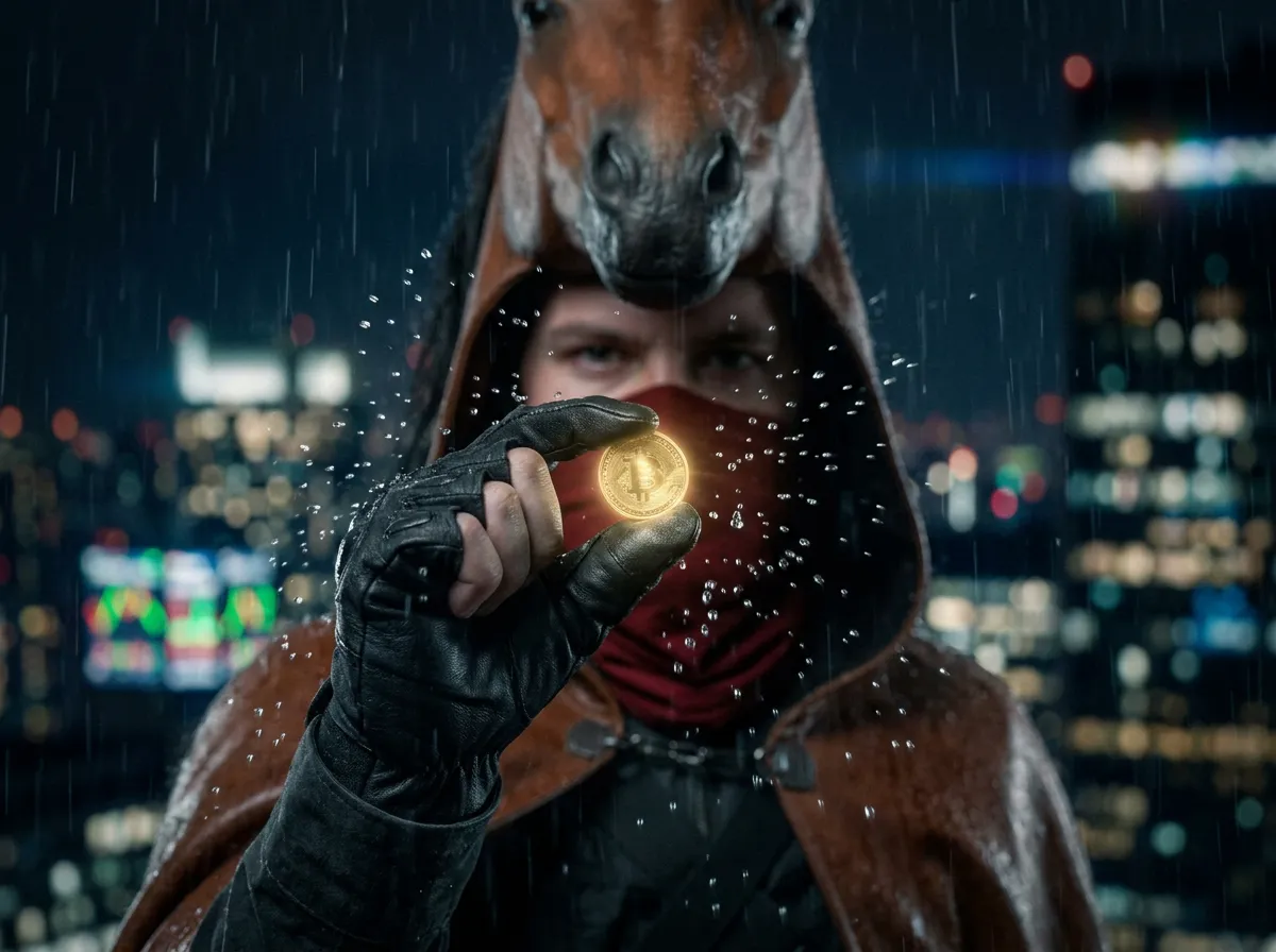 A gloved hand snatches a glowing gold coin out of the rain