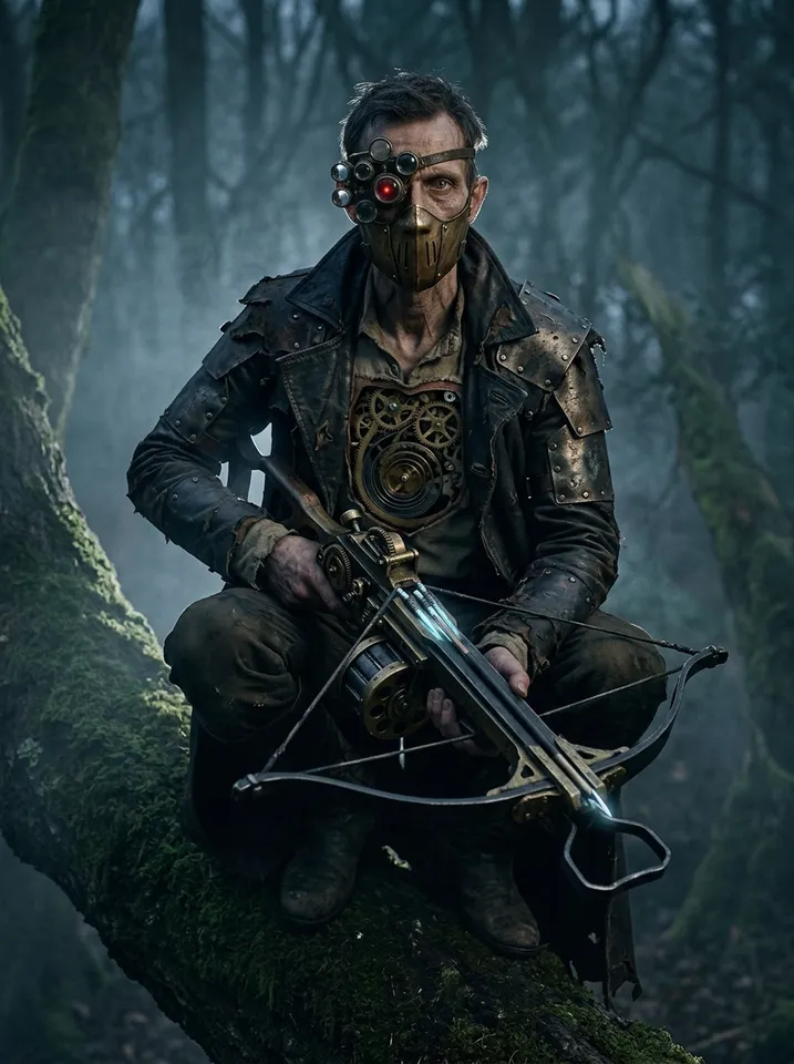 The Sniper: a clockwork crossbowman crouched on a branch in the fog