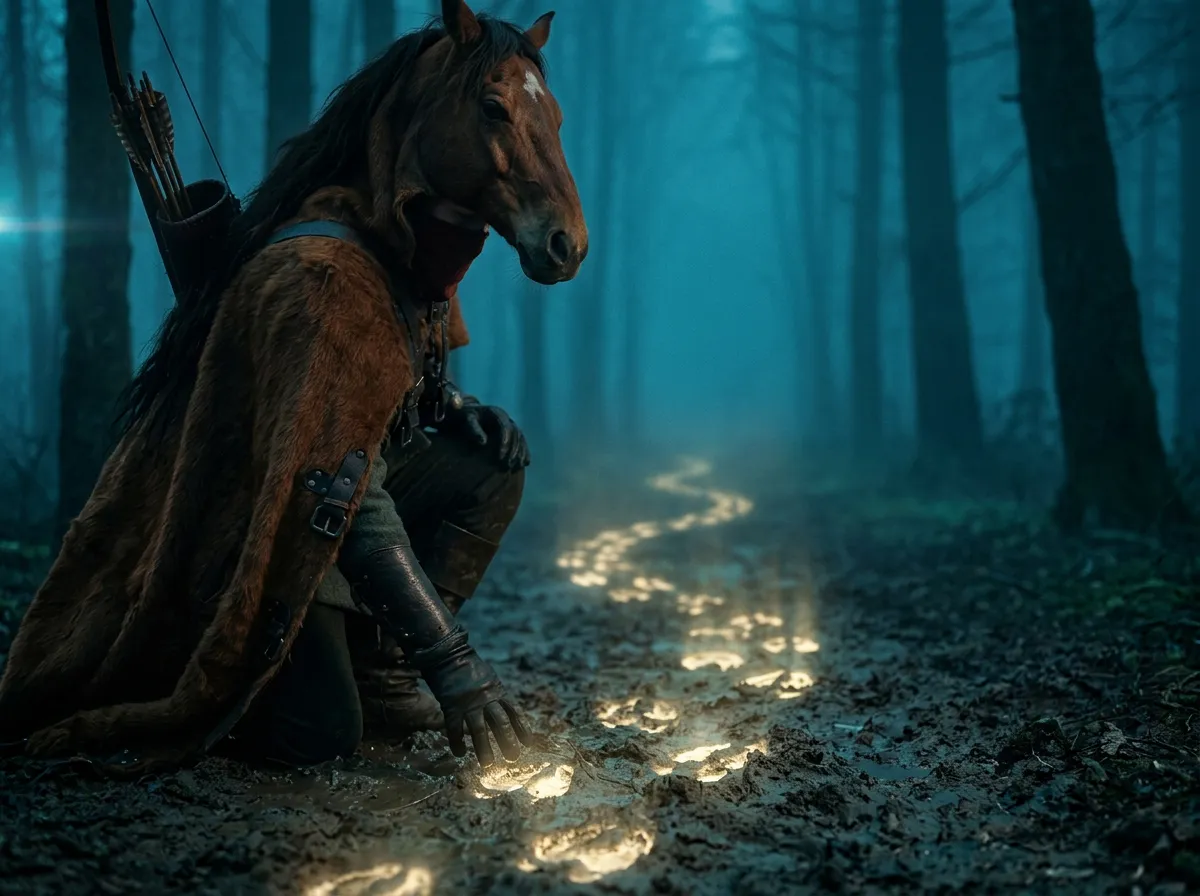 Gisborne kneels and touches a trail of glowing tracks in the forest