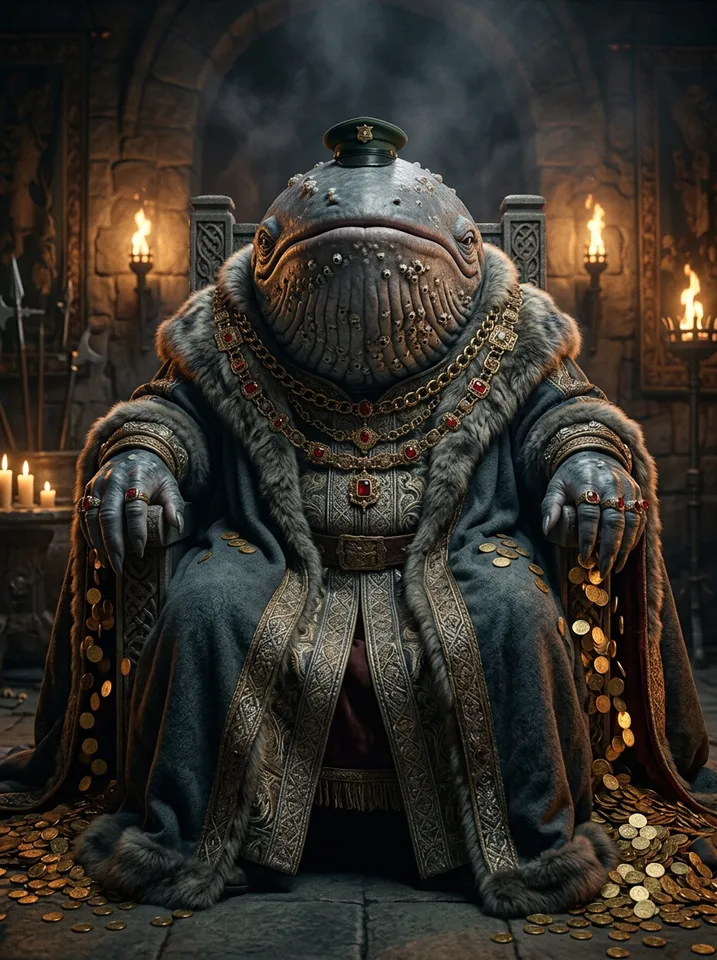 The Whale: the Sheriff as a colossal whale-headed lord on a throne of coins