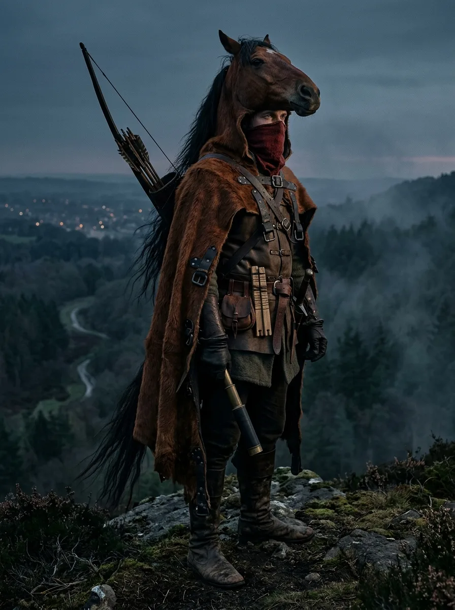 Gisborne, the bounty hunter in a whole horse hide, on a ridge above Sherwood at dusk